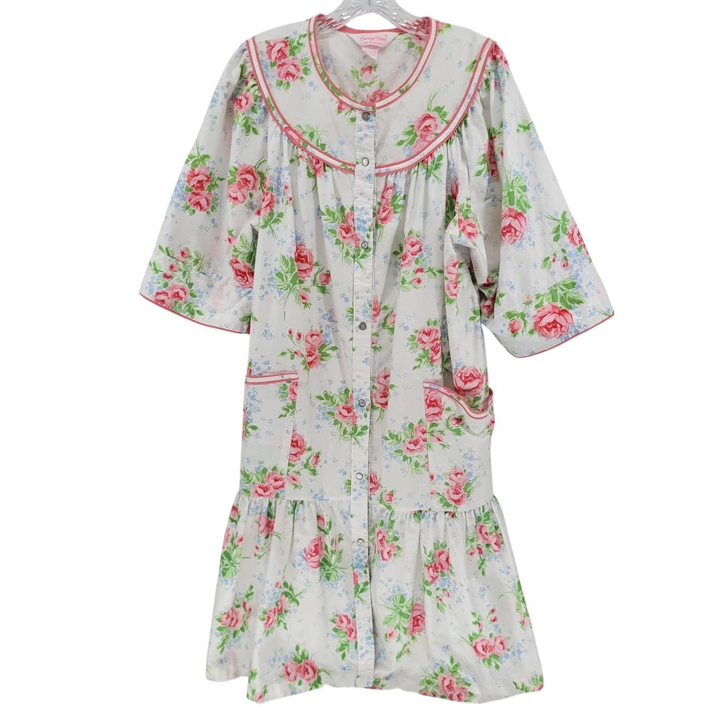 Vintage Carriage Court Cotton House Dress Pink Rose Floral Snap Front Duster L